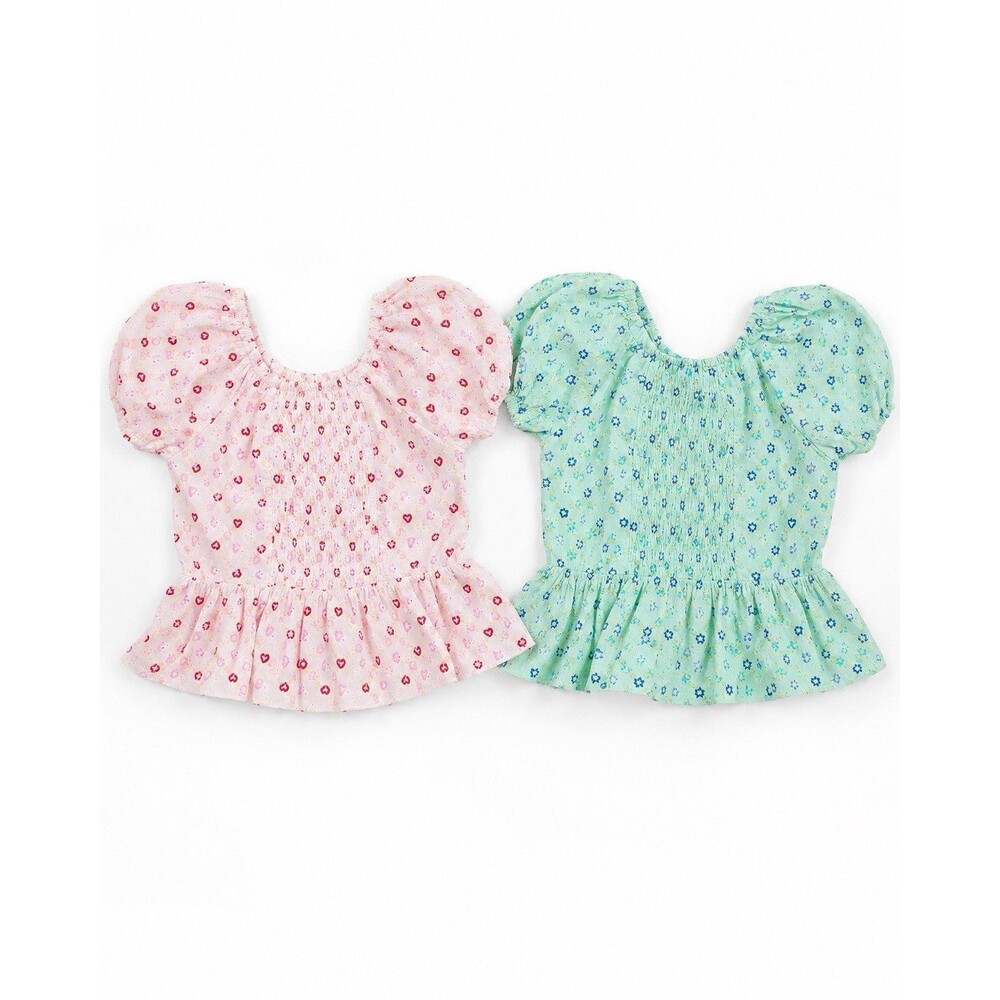 Falls Creek Girls XS 4/5 2 Pc Peasant Top Set Pink Hearts Mint Stars Eyelet